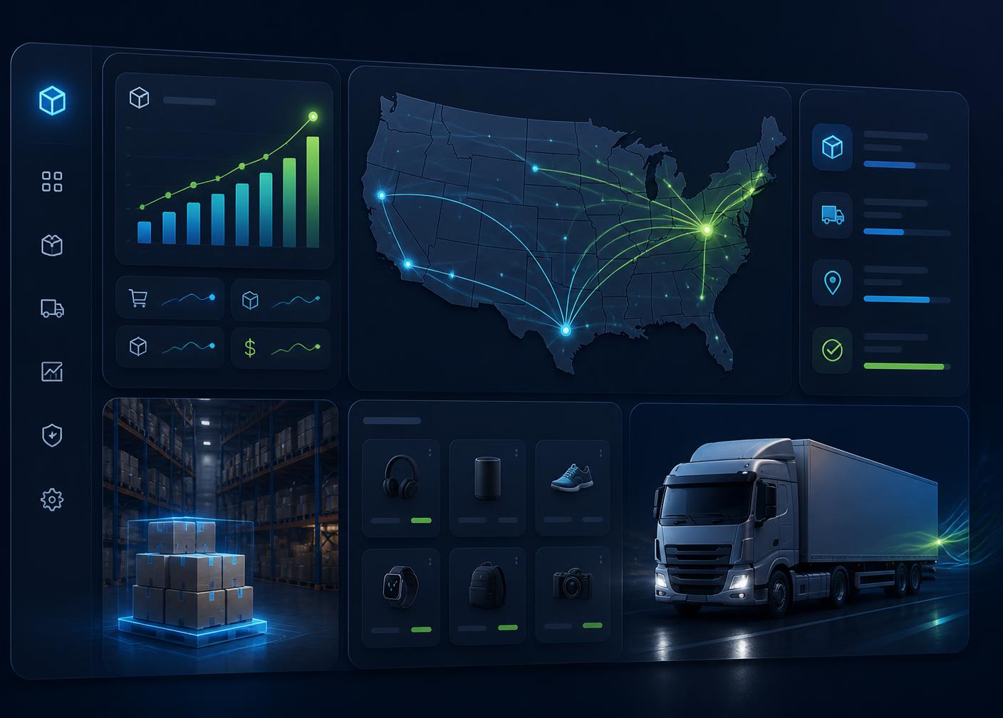 SnapioGrid BD warehouse dashboard showing US shipping routes, live order analytics, and same-day fulfillment